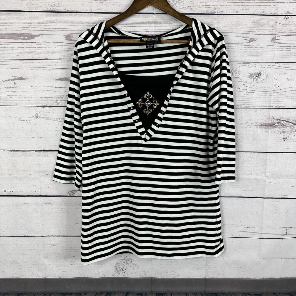 Christine Alexander Shirt Top Womens Large Black White Striped Crystal Bling